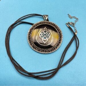 Silver & Glass Pendant On Black Cording Long Necklace